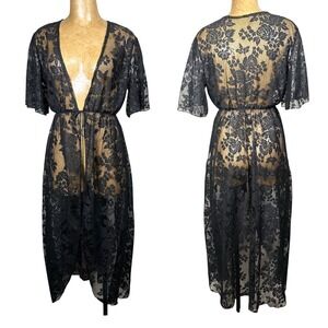 Black Floral Whimsigoth Witchy Lace Sheer Maxi Kimono Robe Coverup Tassel Tie